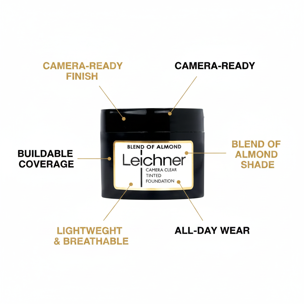 Leichner Camera Clear Foundation Blend of Almond feature infographic – camera-ready, buildable, lightweight, all-day wear
