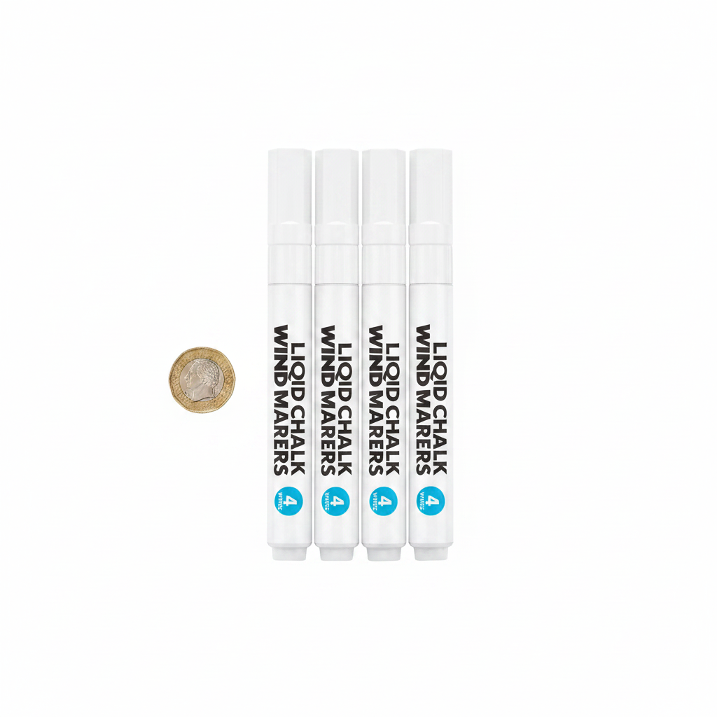 All 4 liquid chalk white marker pens laid flat beside a British £1 coin to show size, on a white background
