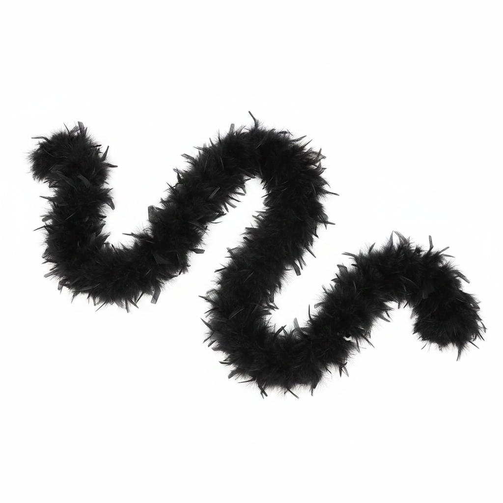 Black feather boa 60gm 1.7m elegantly draped on crisp white background for e-commerce