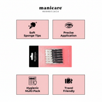 Manicare Eyeshadow Applicators benefits infographic showing soft sponge tips, precise application, hygienic multi-pack and travel friendly features