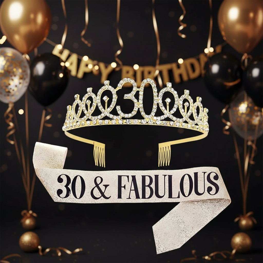 30th Birthday Sash & Tiara Set Gold Black Sparkle - Premium product shot with celebration background