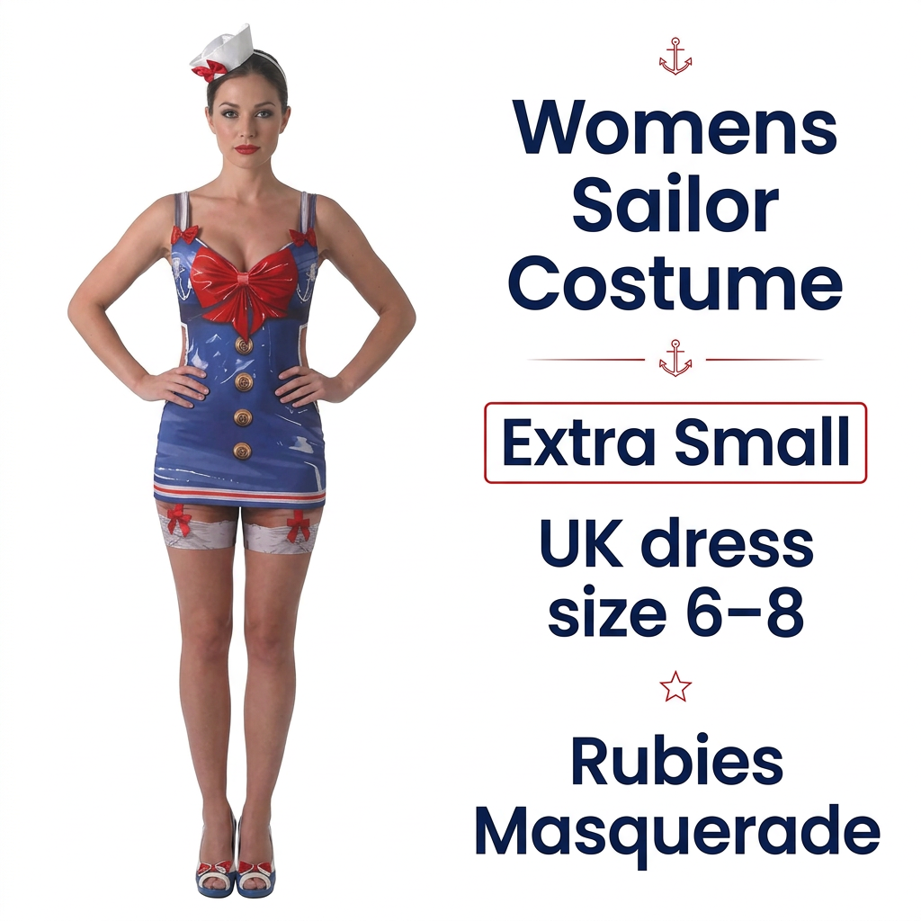 Rubies Masquerade women's sailor costume size graphic showing Extra Small, UK dress size 6–8.