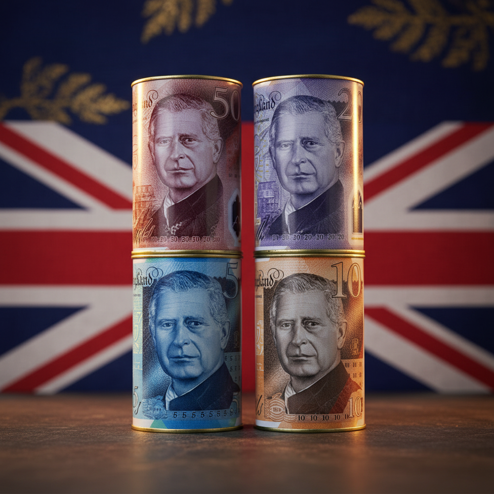 Four King Charles III money saving tins featuring £5 £10 £20 £50 banknote designs on a deep navy blue background with gold accents