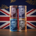 Four King Charles III money saving tins featuring £5 £10 £20 £50 banknote designs on a deep navy blue background with gold accents