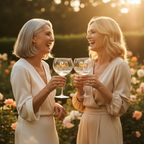 Two women clinking Art Deco 60th birthday gin glasses in a golden hour garden celebration