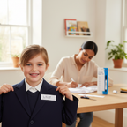 Child holding up school jumper with name tape label, parent using Name Tape Kit And Pen in background