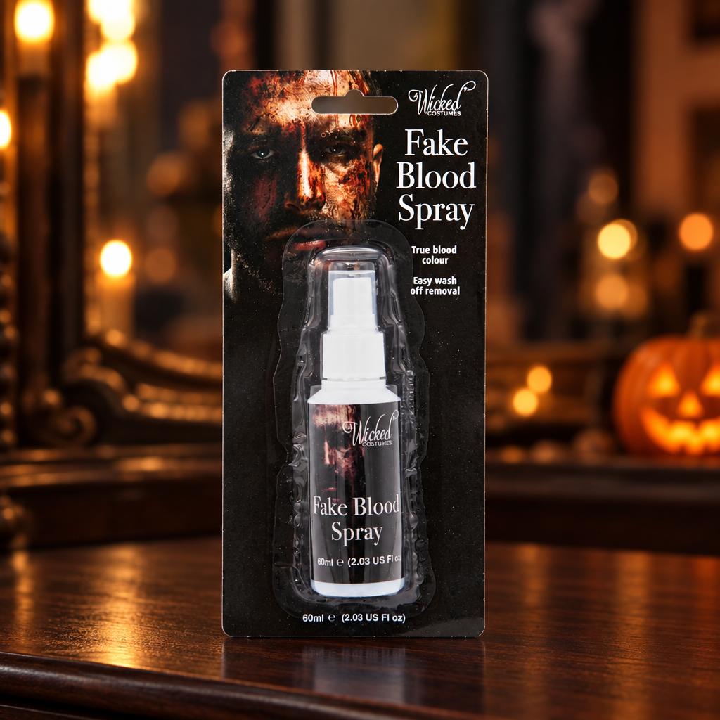 Packaged Wicked Costumes Fake Blood Spray on a dark dressing table with warm Halloween lights and a pumpkin in the background.