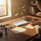 White C6 envelopes on a warm home desk with greetings cards and dried flowers in golden hour light