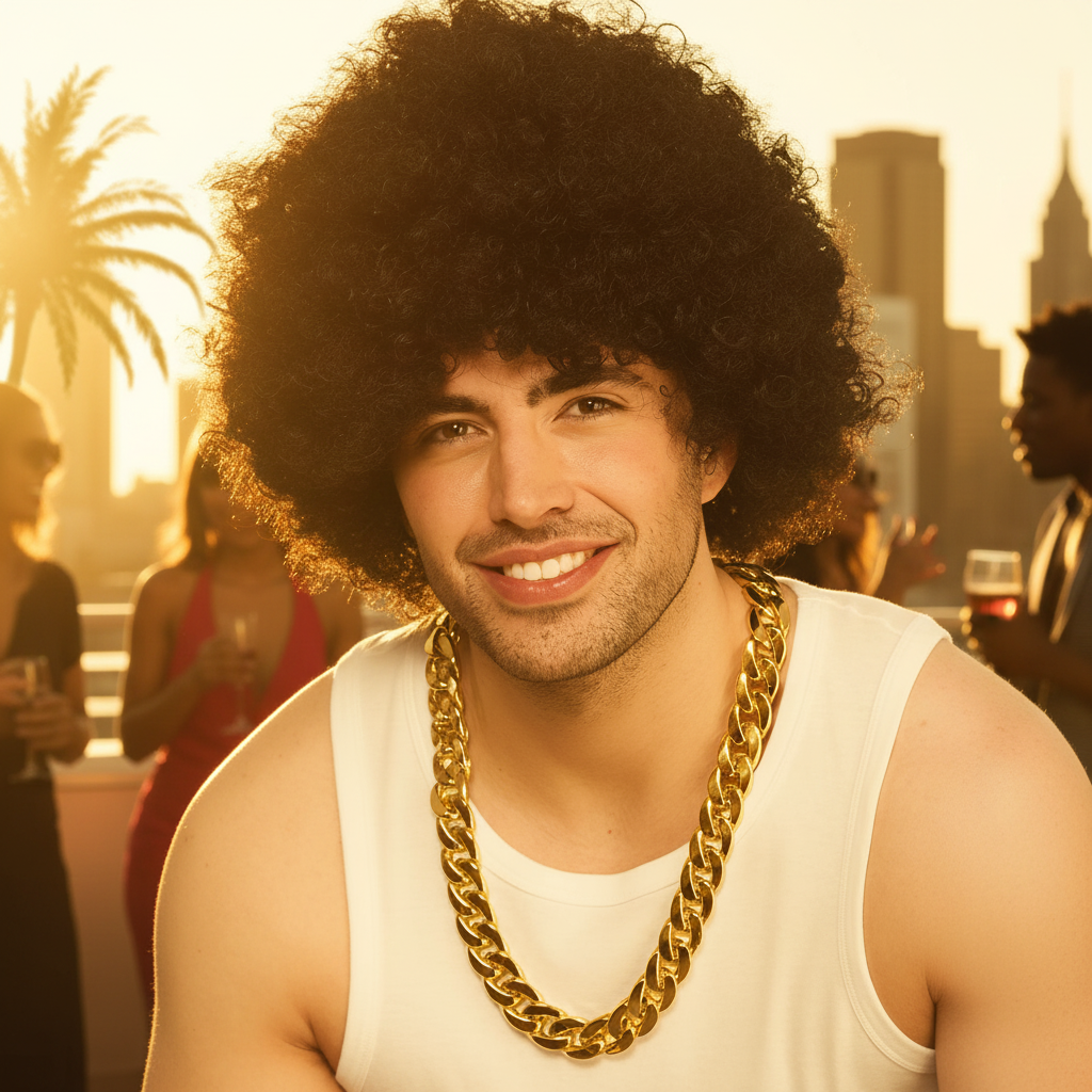 Man wearing chunky gold chain necklace 68cm at a golden hour party — bold hip-hop aspirational lifestyle