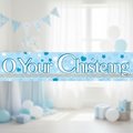 9ft blue christening banner with holographic dots displayed against elegant party background