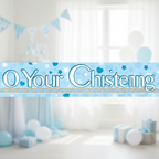 9ft blue christening banner with holographic dots displayed against elegant party background