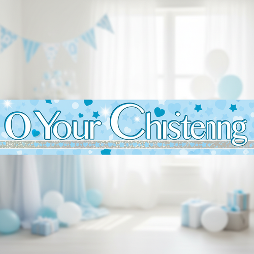 9ft blue christening banner with holographic dots displayed against elegant party background