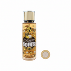 W7 Coconut Bomb Body Mist 250ml flat lay beside £1 coin for size reference, white background with soft overhead lighting showing gold cap and amber bottle