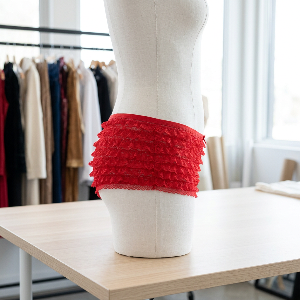 Smiffys red ruffle lace panties on a display form on a costume studio table