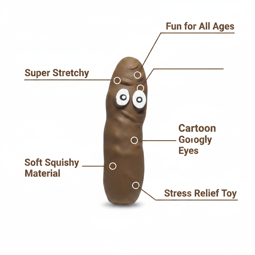 Stretchy Squeezy Poop novelty stress toy feature infographic showing key product benefits