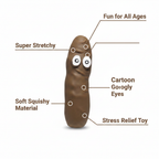 Stretchy Squeezy Poop novelty stress toy feature infographic showing key product benefits