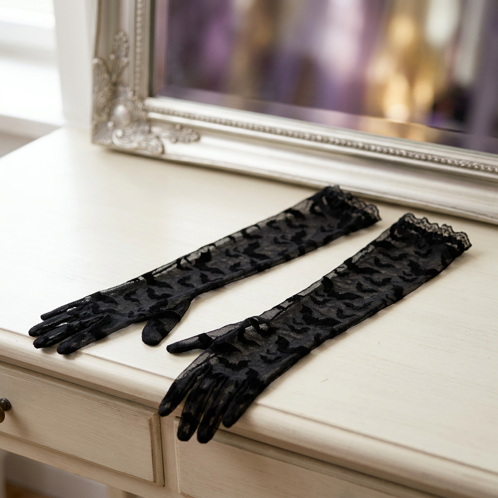 Long black bat lace gloves lying on a light dressing table in front of a mirror.