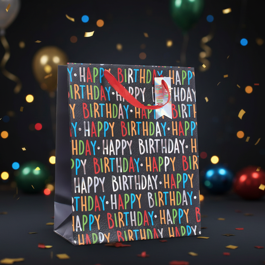Happy Birthday gift bag medium black and multi-coloured 9x7.5 inch product hero shot with gold confetti background
