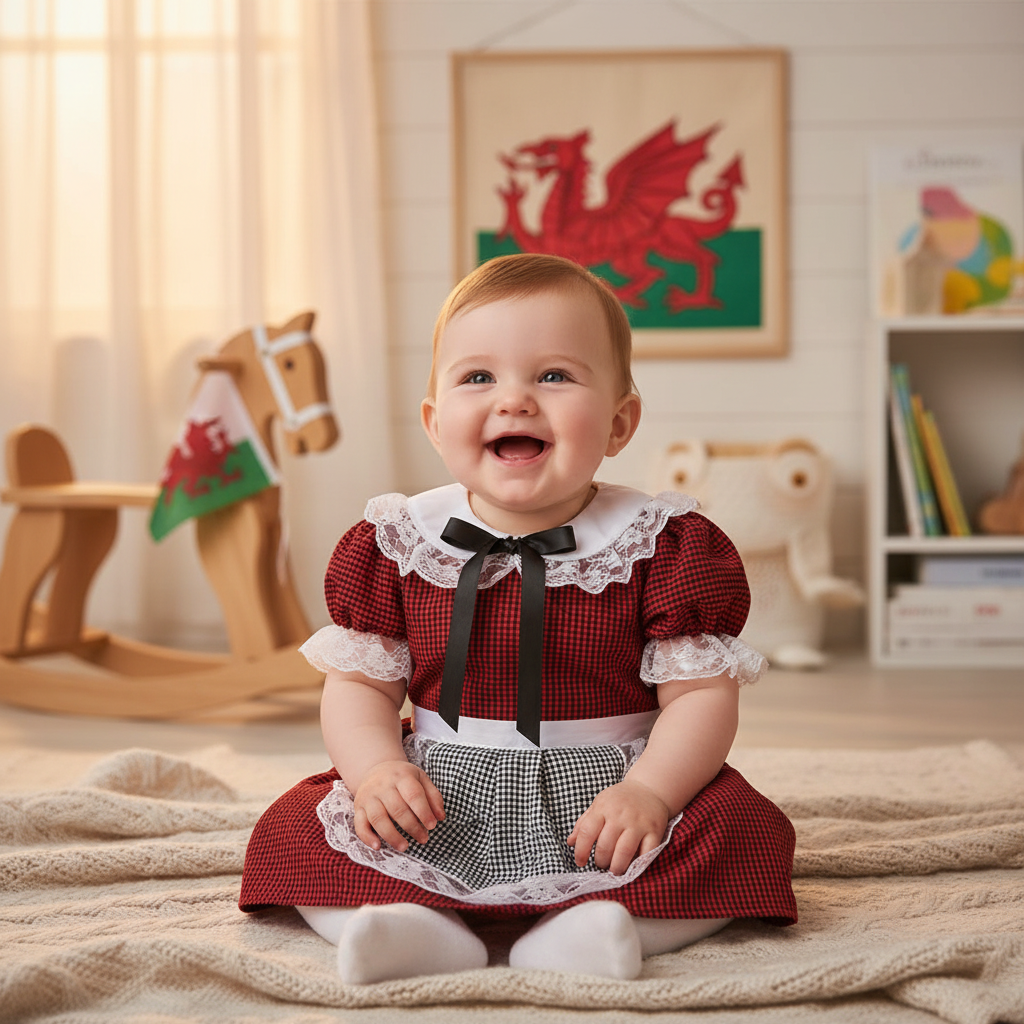 Happy baby aged 6-12 months wearing traditional Welsh costume with red dress and white lace in cozy nursery setting