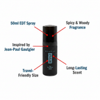 Milton Lloyd Bondage Hommes 50ml EDT feature infographic with callout labels on white background