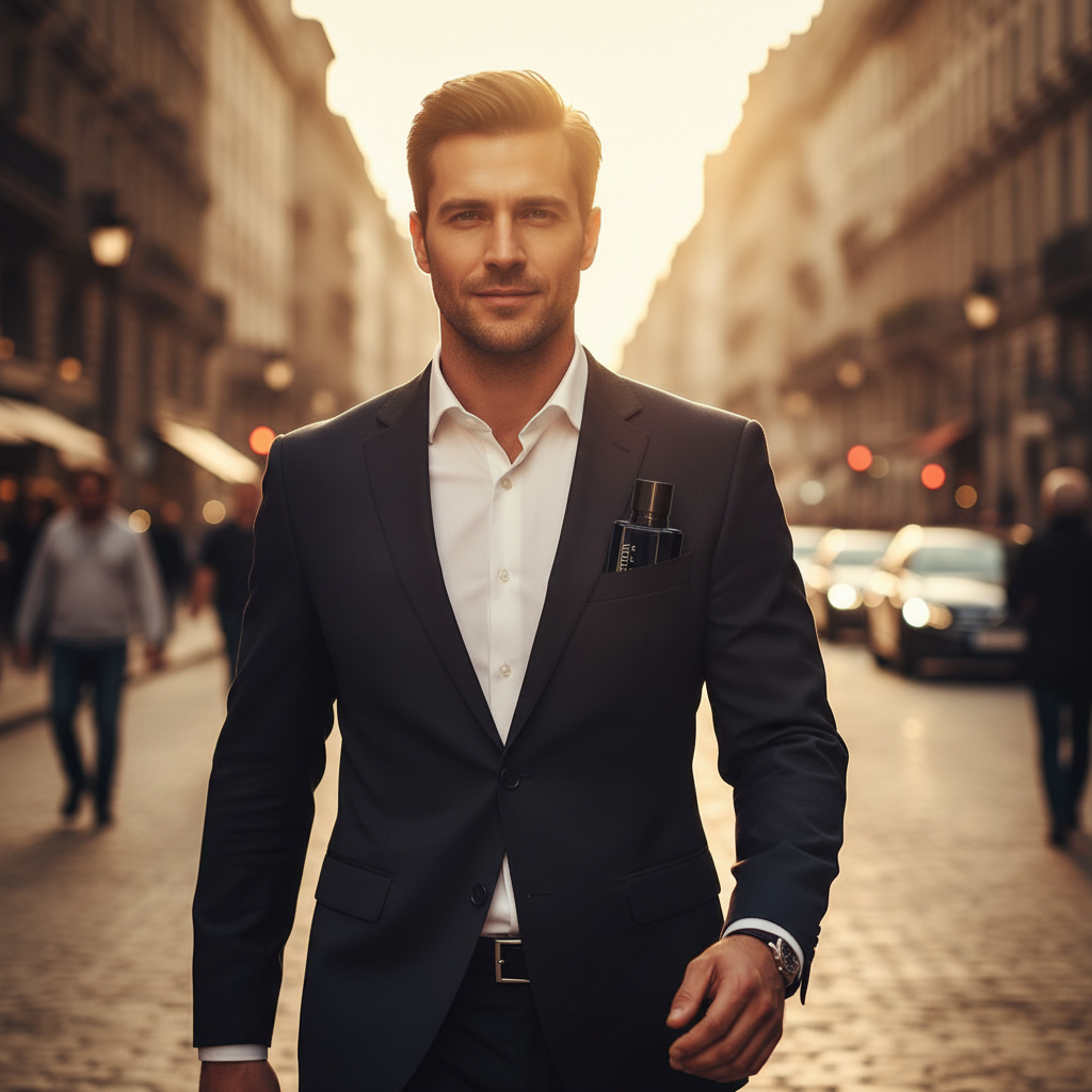 Confident man in dark suit at golden hour, Wild Action Elixir fragrance visible, cinematic aspirational lifestyle photography