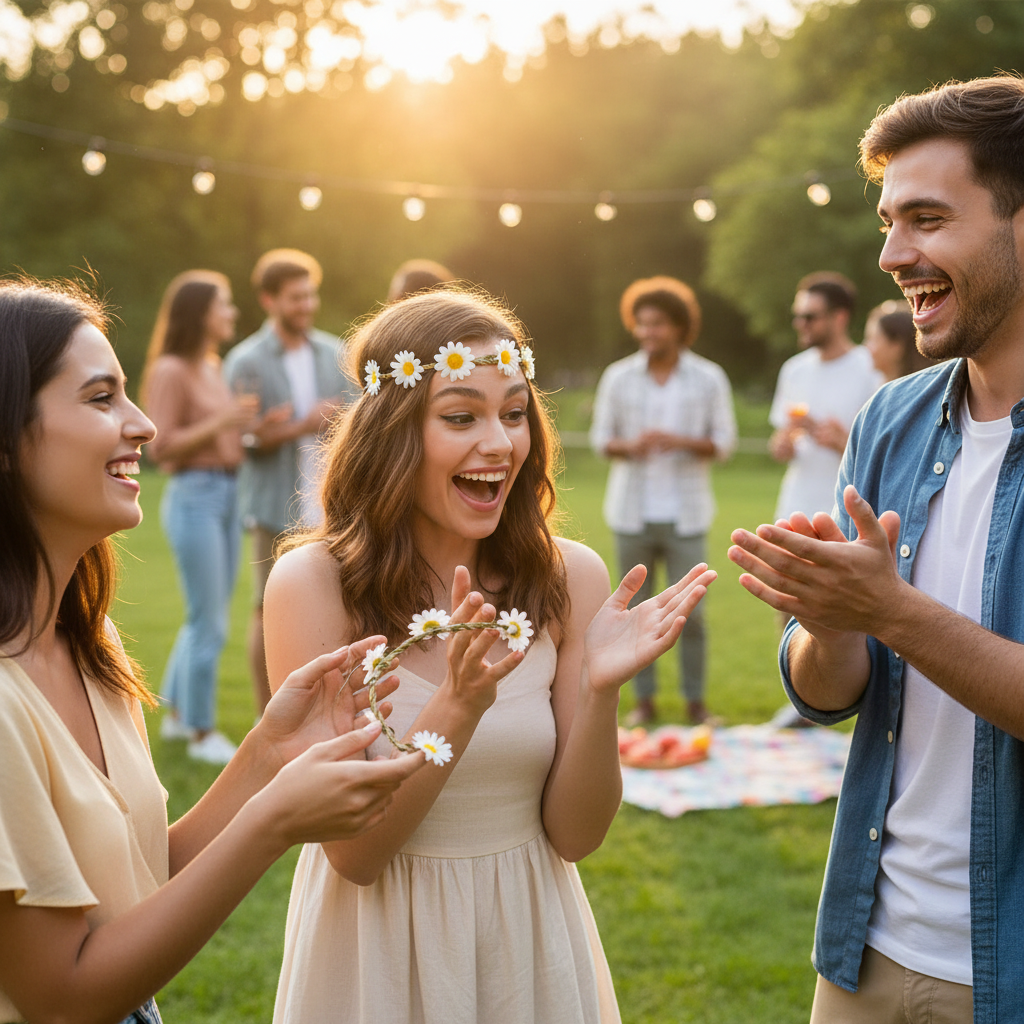Young woman delightedly receiving a daisy hairband as a gift at a summer party