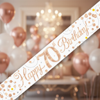 9ft Sparkling Fizz 70th Birthday Banner in rose gold holographic and white - premium party decoration