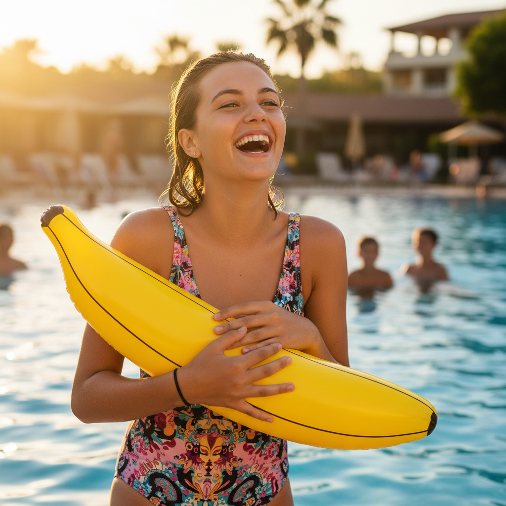 Teenager at a pool party holding an inflatable banana 80cm in sparkling blue water