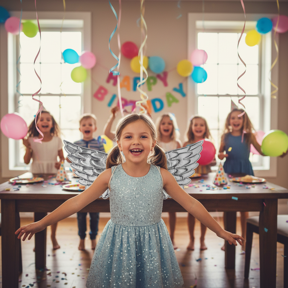 Happy young girl wearing silver angel wings at birthday party with balloons and decorations