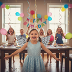 Happy young girl wearing silver angel wings at birthday party with balloons and decorations