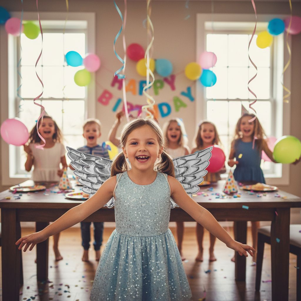 Happy young girl wearing silver angel wings at birthday party with balloons and decorations