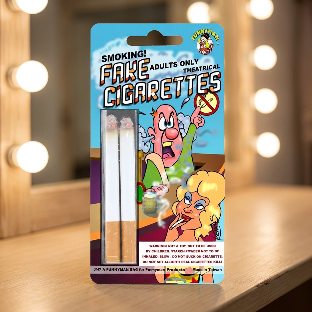 Packaged Funnyman fake cigarettes on a theatre dressing table in front of illuminated mirror bulbs.