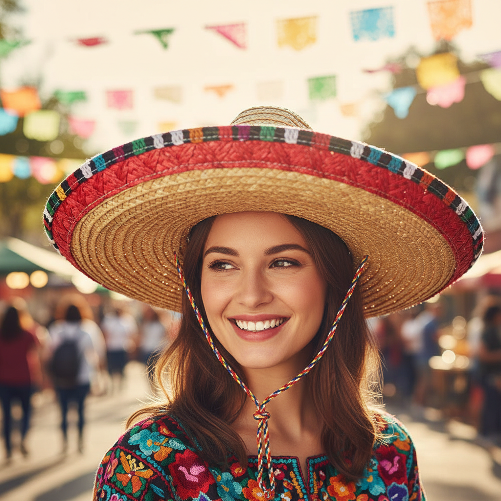 Woman wearing Adults Mexican Sombrero Hat with red trim at Cinco de Mayo festival - Why Not Shop