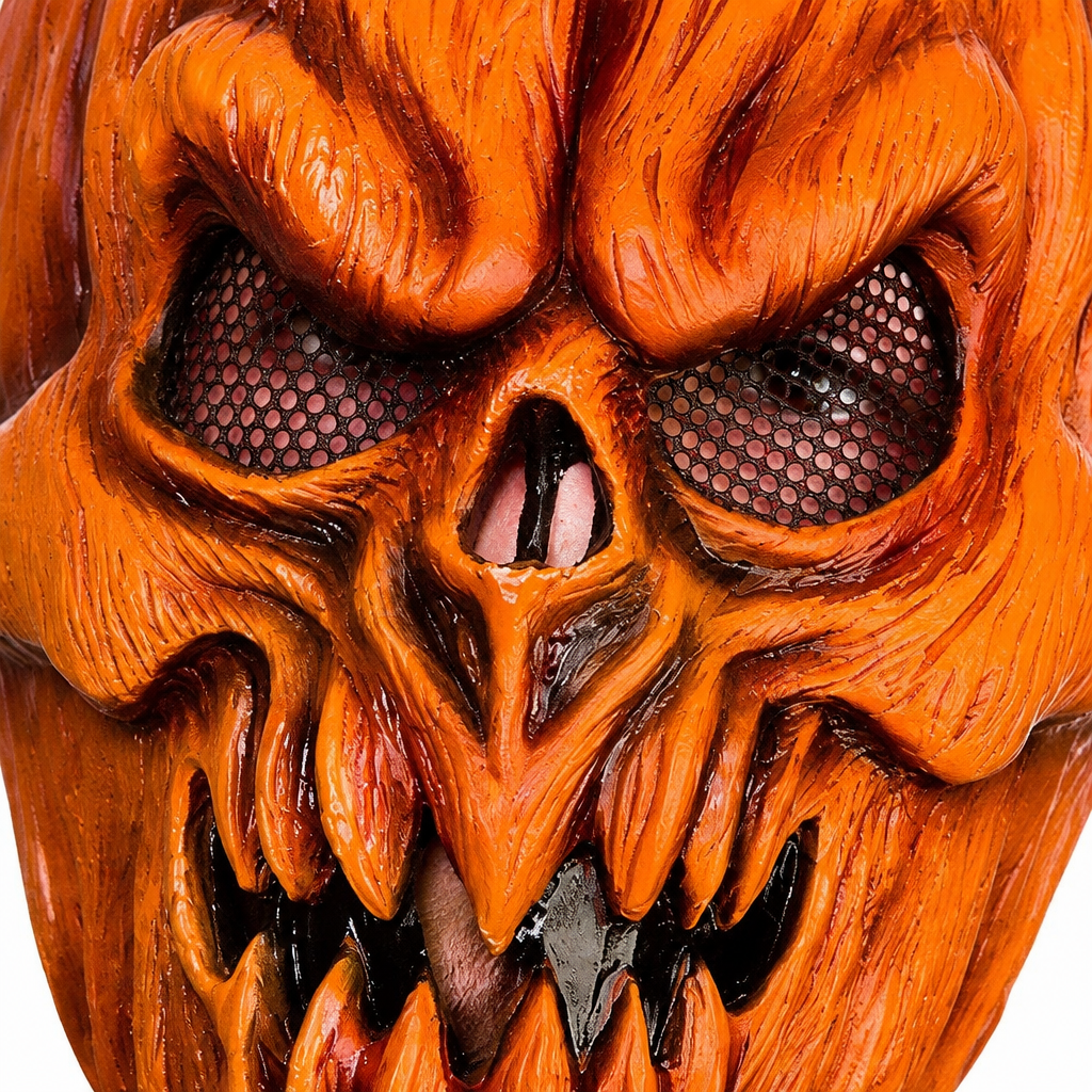 Close-up of the killer pumpkin mask's textured orange face and dark mesh eyes