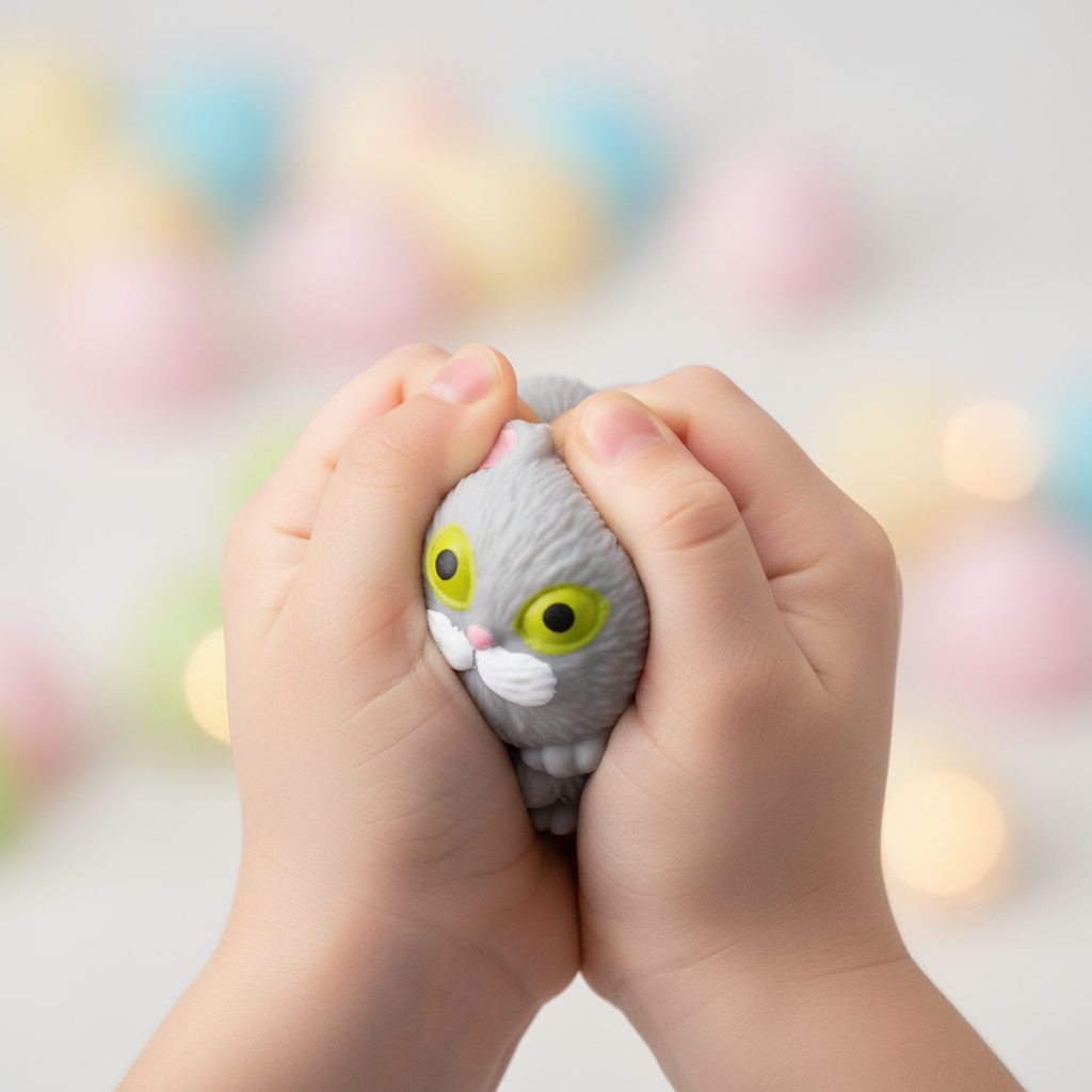 Close-up of child's hands squeezing grey Kitty Kins squishy cat toy showing textured fur-like surface