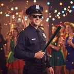 Person in police costume holding black truncheon at party - lifestyle image showing costume accessory in use
