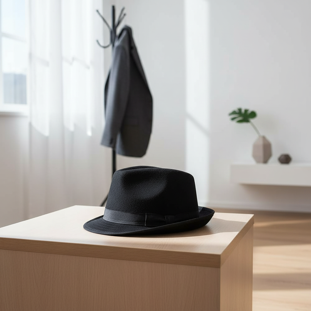 Adults black trilby hat on a coat rack in a stylish modern home interior with natural window light