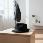 Adults black trilby hat on a coat rack in a stylish modern home interior with natural window light