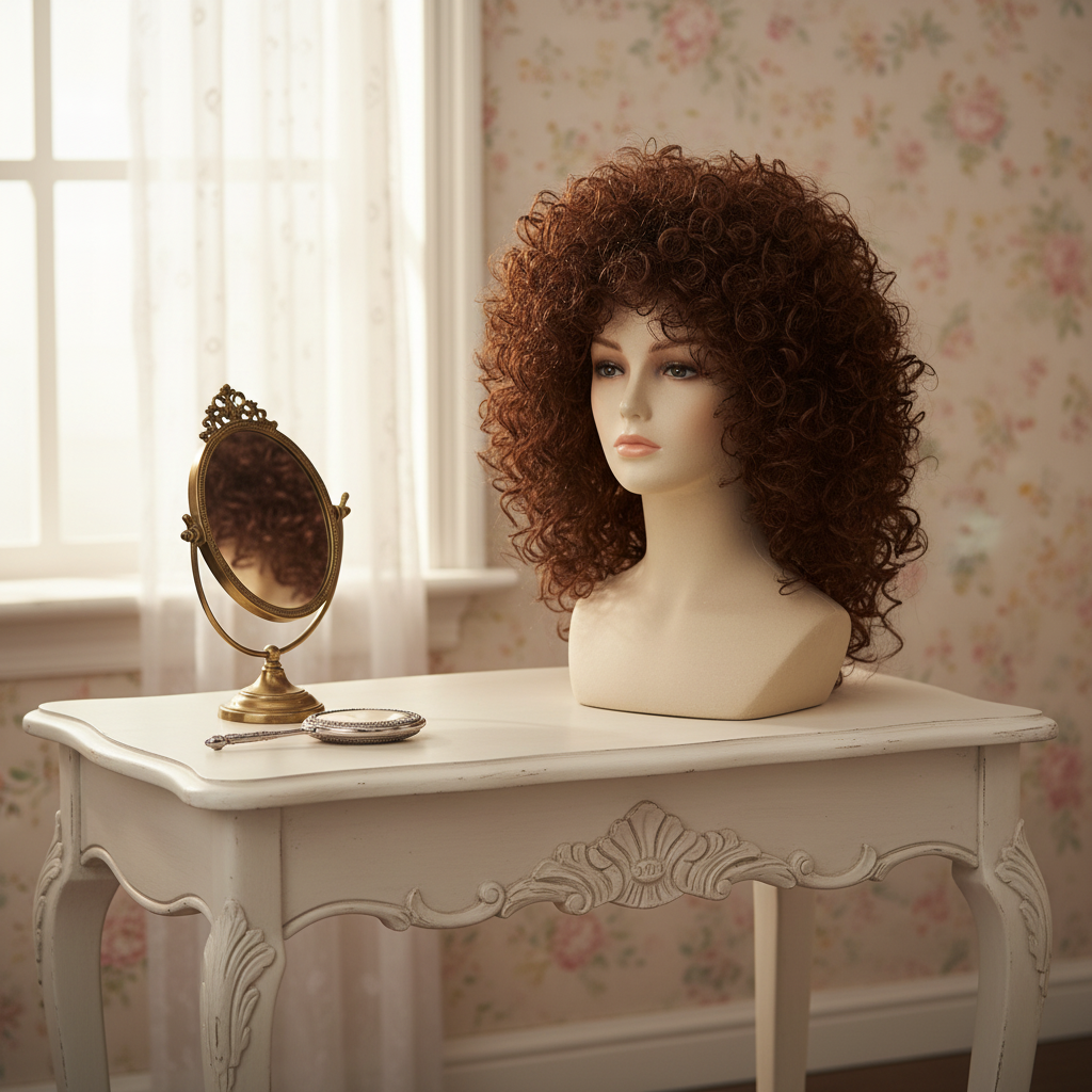 Long curly brown wig on mannequin stand on vintage dressing table with natural window light