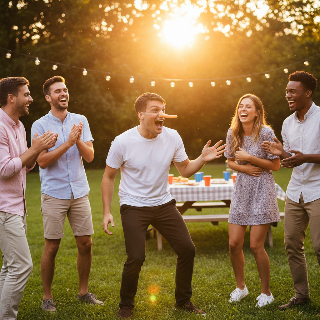 Person wearing long nose liar Pinocchio mask at a golden hour outdoor party — hilarious fun moment