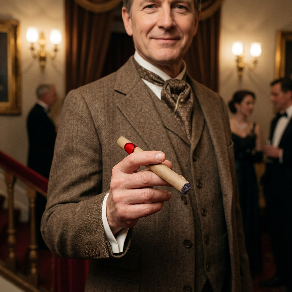 A man in a brown tweed three-piece suit holds a lit cigar with a red tip in a warmly lit indoor setting with blurred guests in the background.