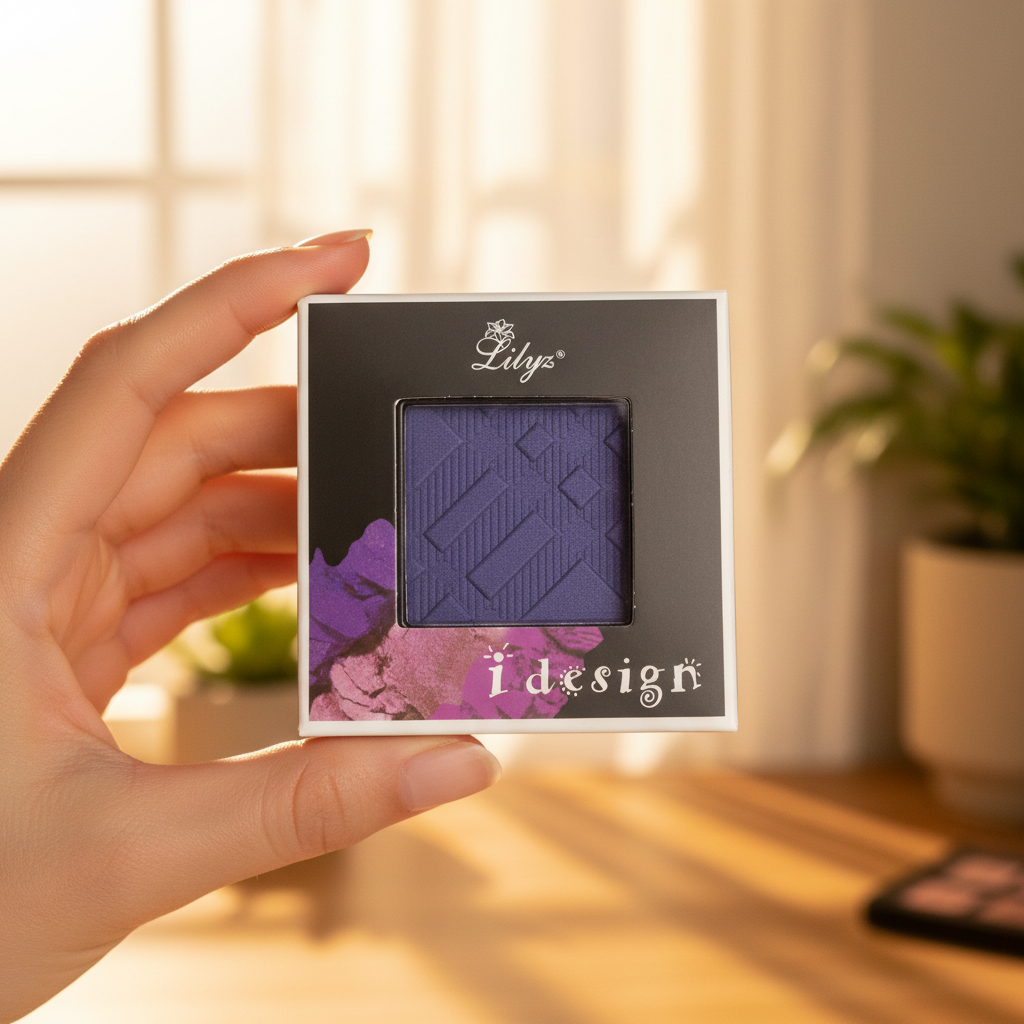 Hand holding Lilyz Eyeshadow Mono Denim Blue in a natural beauty setting