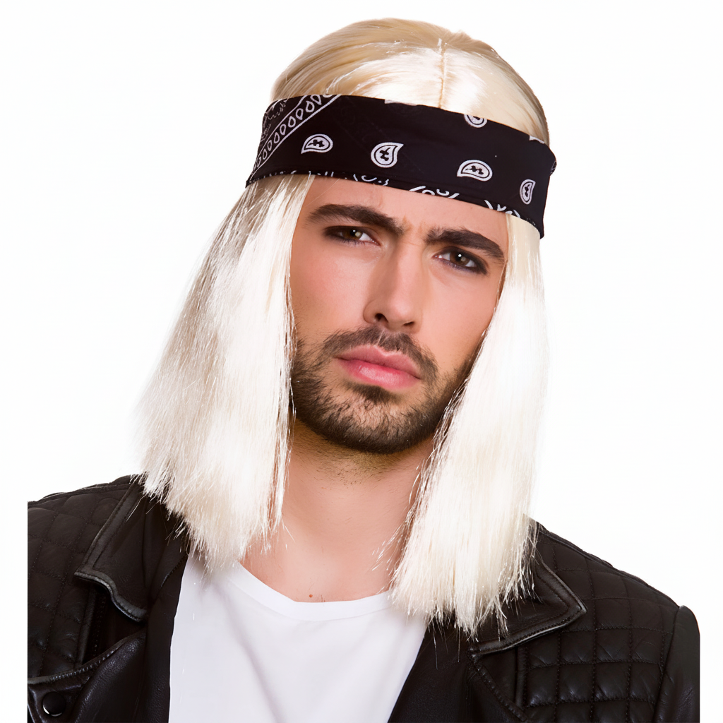 Mens 90s Blonde Rocker Wig with Black and White Paisley Bandana on pure white studio background, product centred, Amazon hero shot