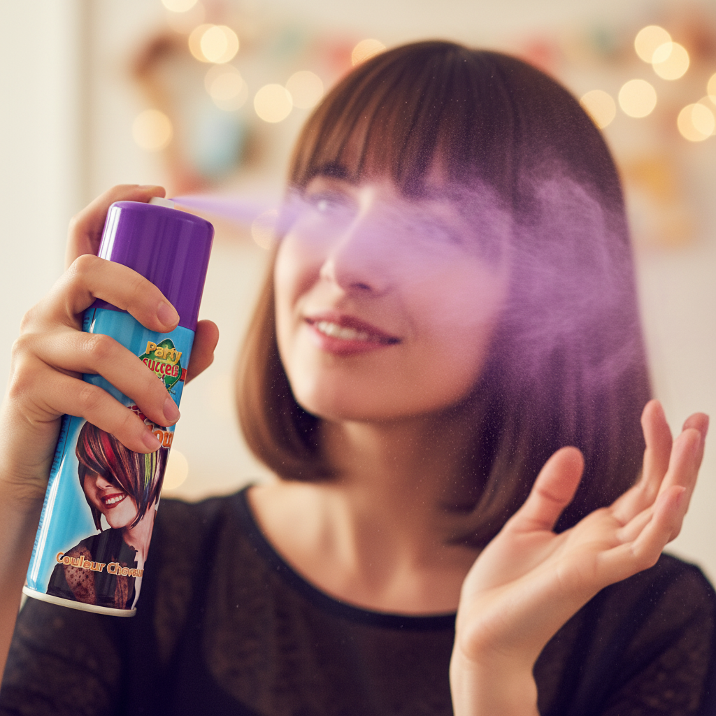 Person spraying Party Success purple hair colour spray into their hair, candid authentic moment