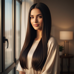 Woman with long silky straight deep off-black hair extensions in golden hour light showing aspirational beauty look