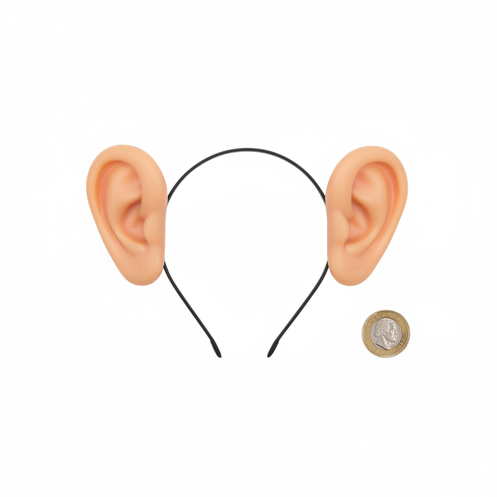 Funny Big Ears novelty headband beside a £1 coin on white background showing product size — flat lay