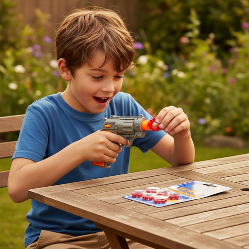 Young boy loading a red cap ring into a toy cap gun outdoors, Sohni-Wicke cap gun rings pack beside him