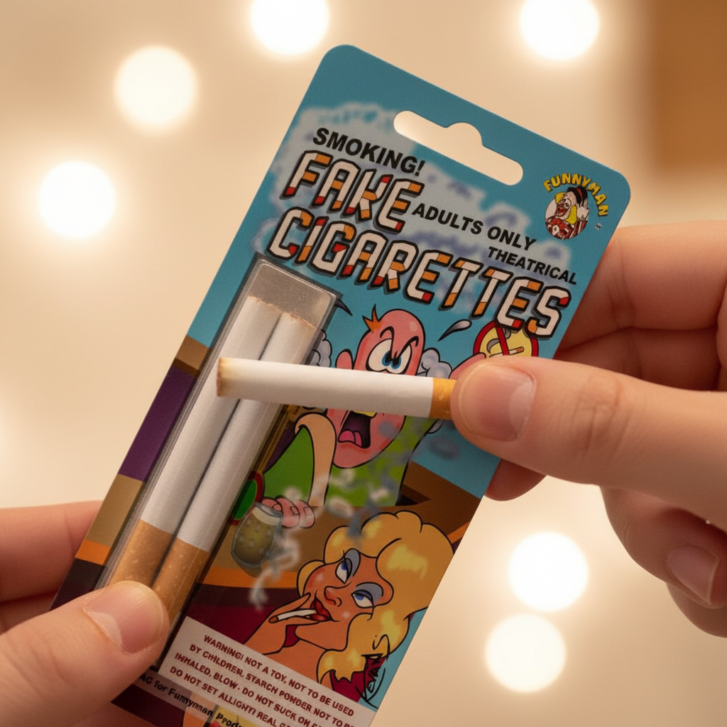 Hand pulling fake cigarette from Funnyman blister pack, candid lifestyle moment with bokeh background