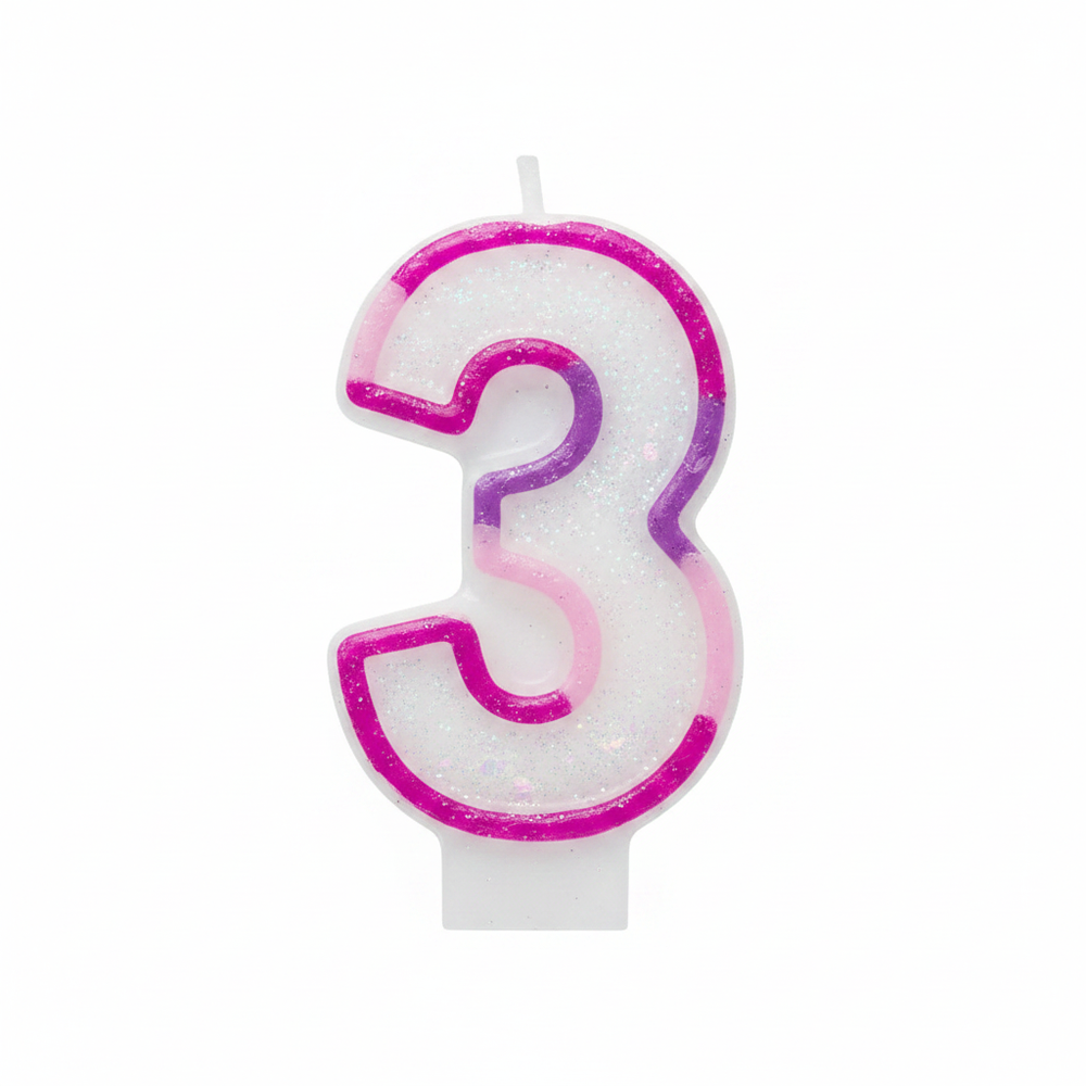 Pink glitter number 3 birthday candle with fuchsia border on pure white background, Amazon and eBay compliant hero shot