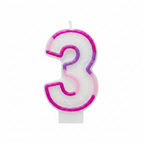Pink glitter number 3 birthday candle with fuchsia border on pure white background, Amazon and eBay compliant hero shot